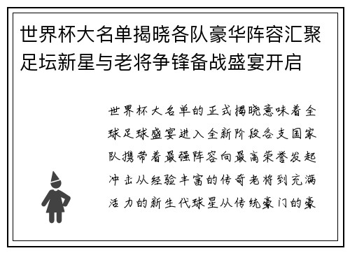 世界杯大名单揭晓各队豪华阵容汇聚足坛新星与老将争锋备战盛宴开启